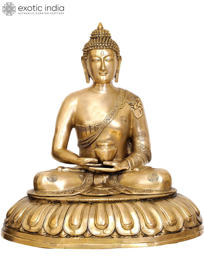 28" Large Size Lord Buddha with Pindapatra (Robes Decorated with Auspicious Symbols) In Brass | Handmade | Made In India