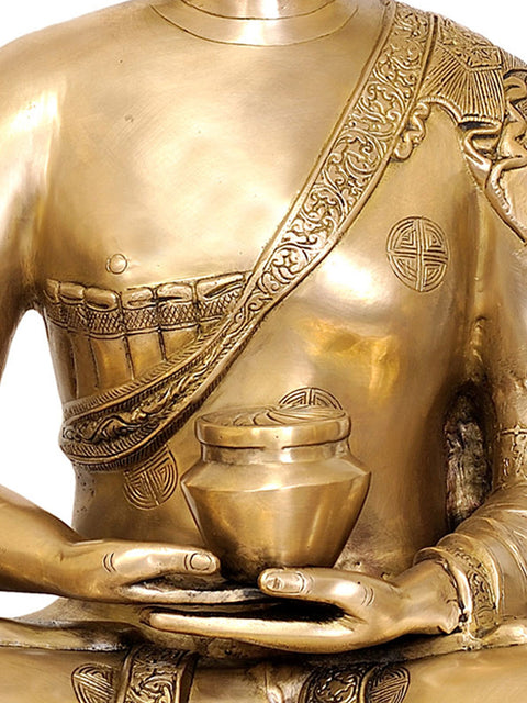 28" Large Size Lord Buddha with Pindapatra (Robes Decorated with Auspicious Symbols) In Brass | Handmade | Made In India