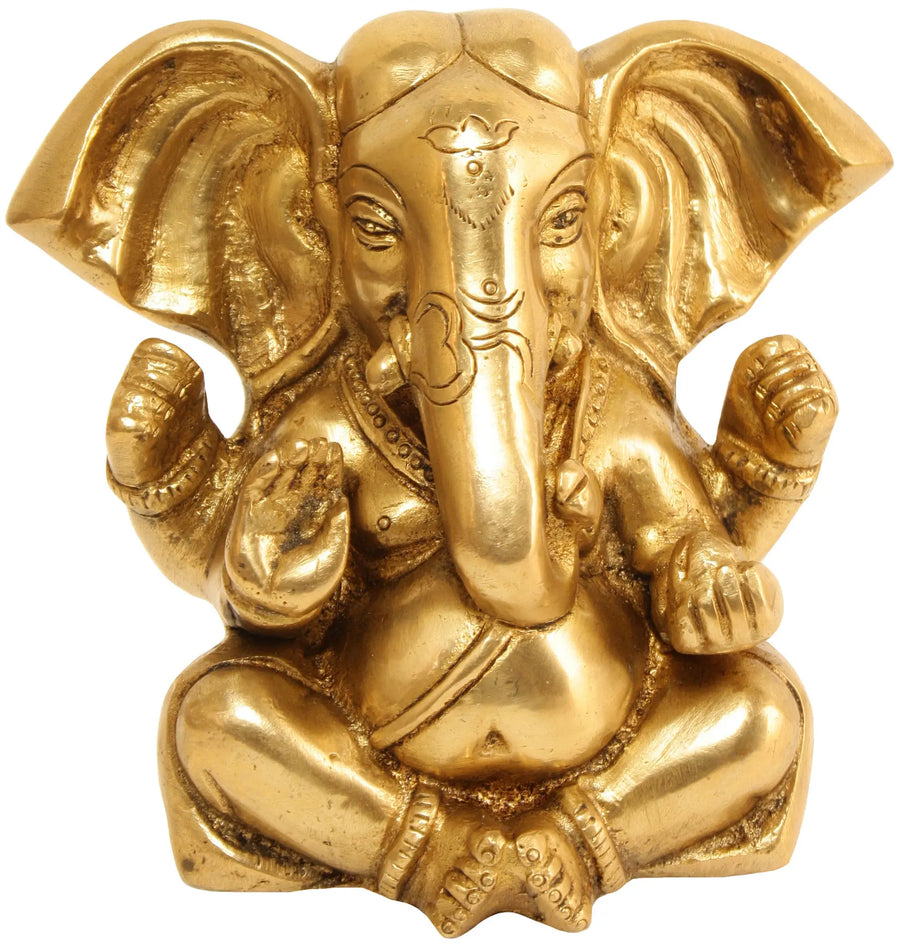 5" Handmade Brass Seated Ganesha Statue with Trident Mark