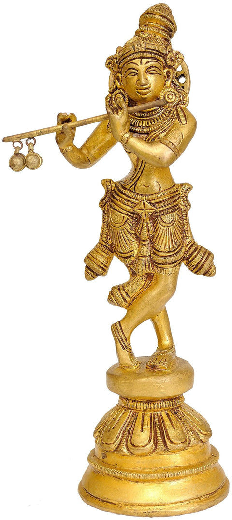 8" Flute-Playing Krishna Brass Statue | Handmade | Made in India