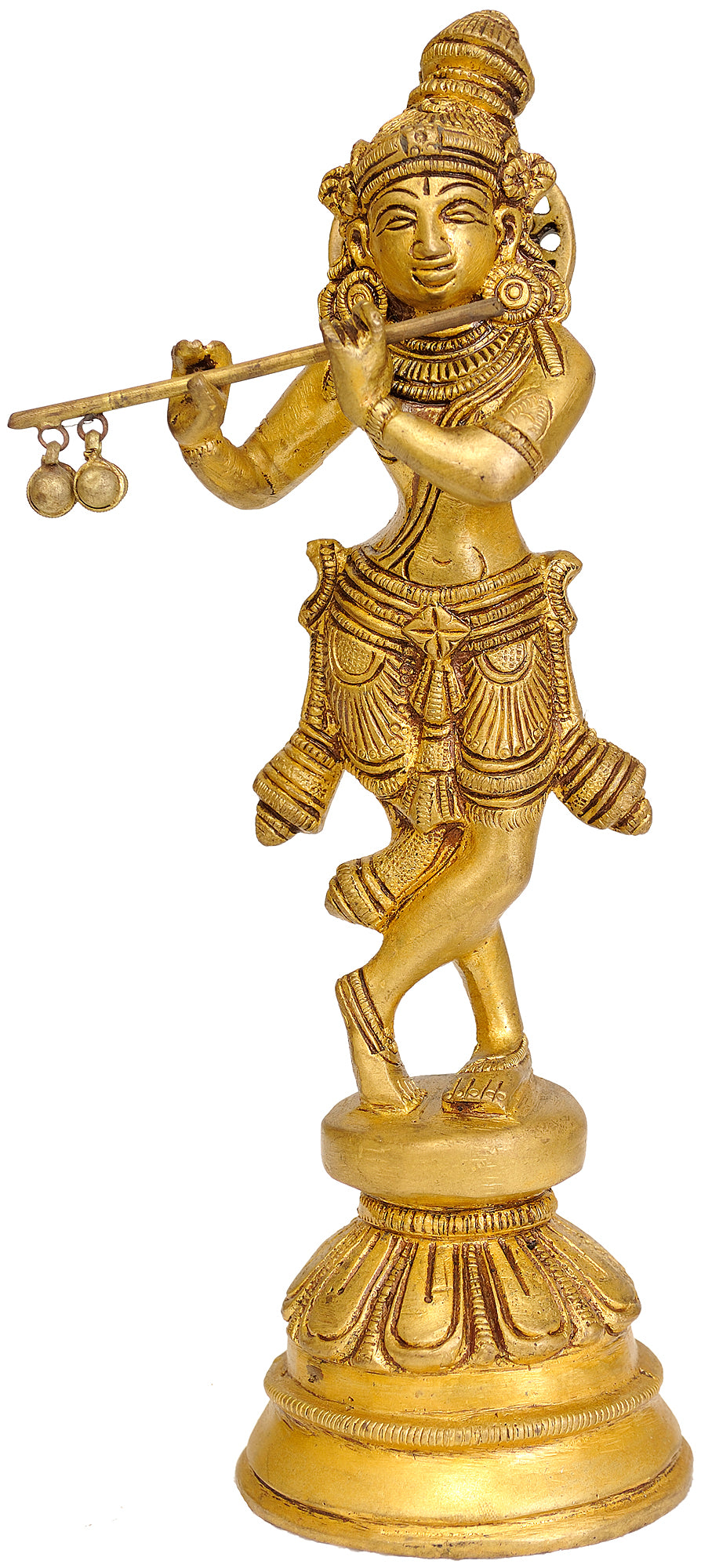 8" Handmade Flute-Playing Krishna Brass Statue