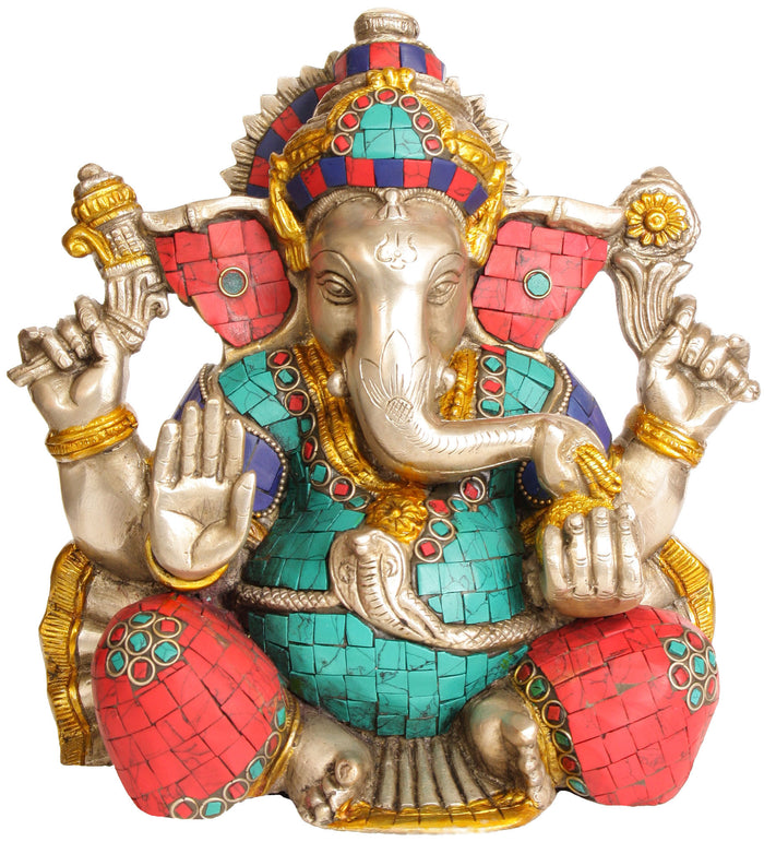 8" Lord Ganesha Seated Brass Statue Handmade