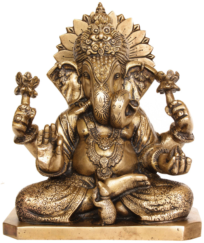 9" Four Armed Ganesha Brass Idol Handmade