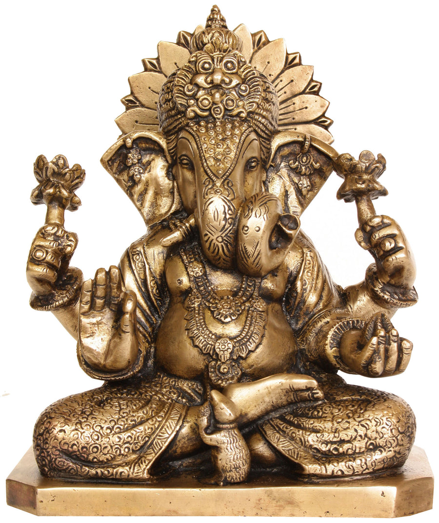 9" Four Armed Ganesha Brass Idol Handmade