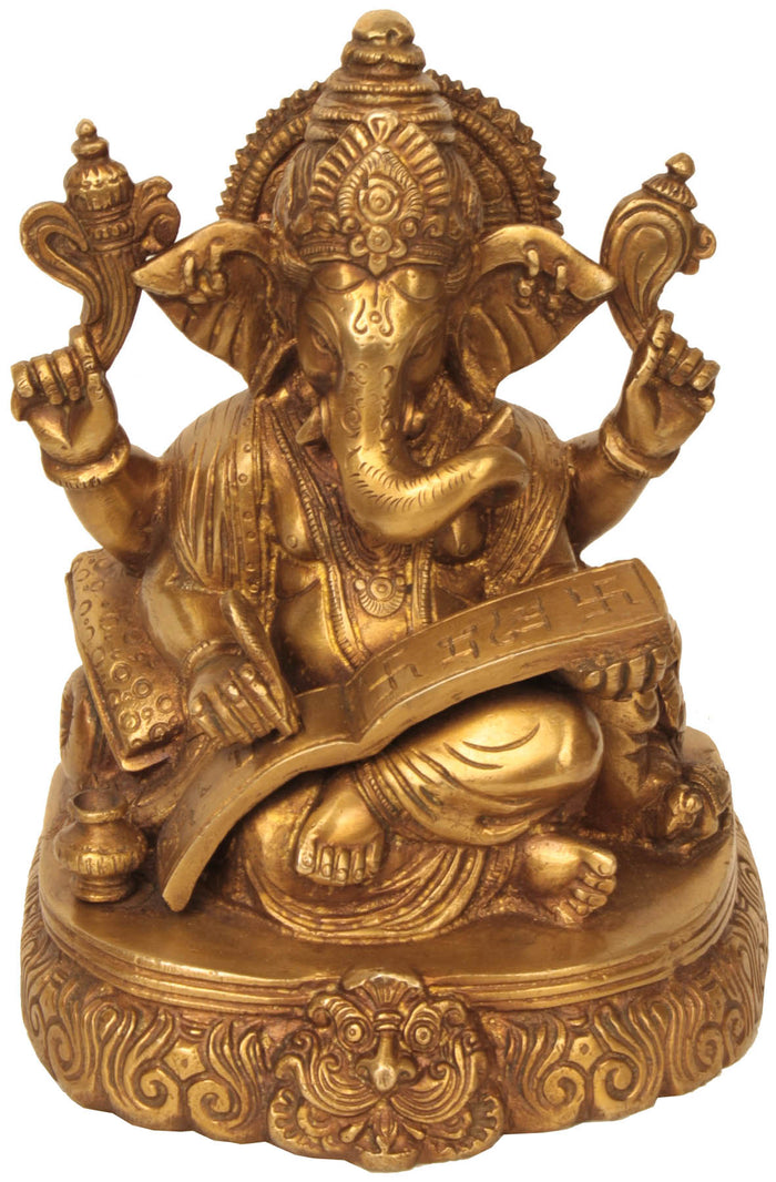 7" Brass Lord Ganesha Scripting Mahabharata Handmade Statue