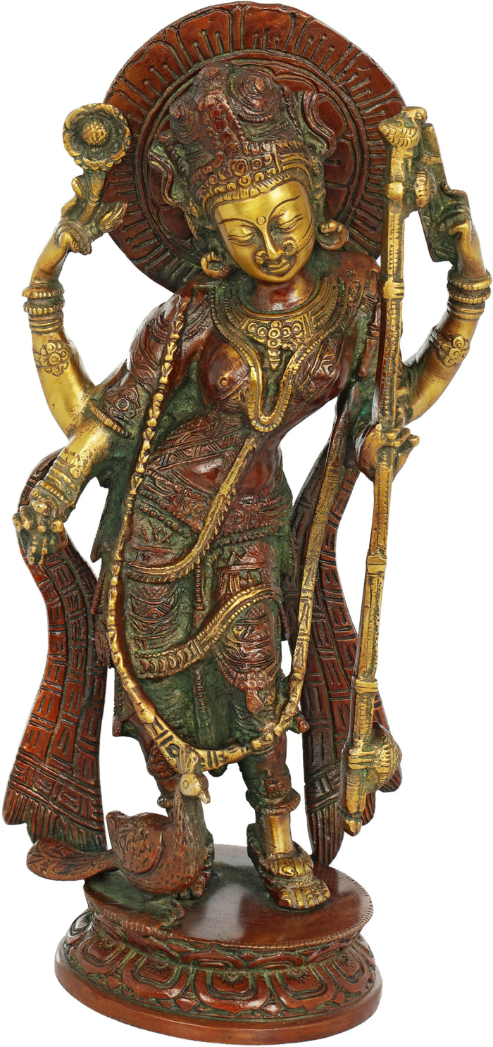 12" Goddess Saraswati In Brass | Handmade | Made In India
