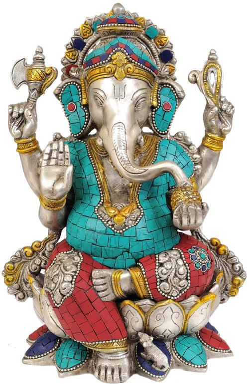 12" Seated Ganesha Brass Statue Handmade