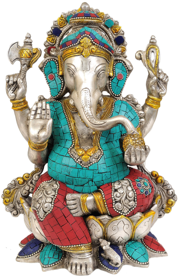 12" Seated Ganesha Brass Statue Handmade