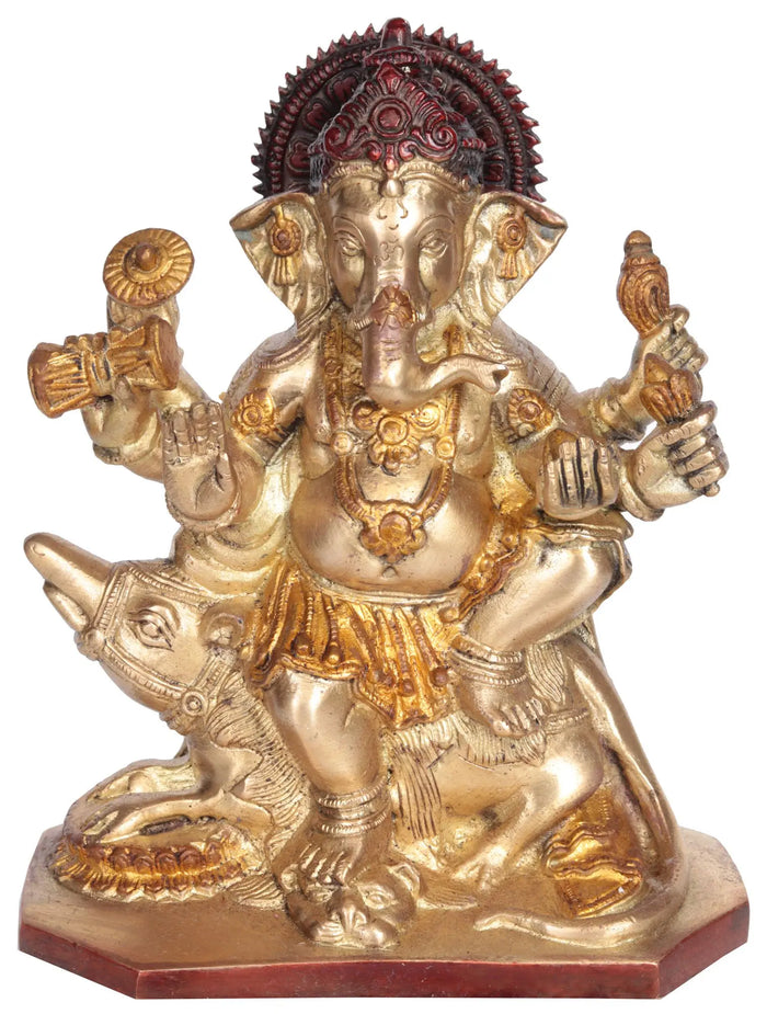 8" Six-Armed Ganesha Brass Idol on Rat with Lion Head