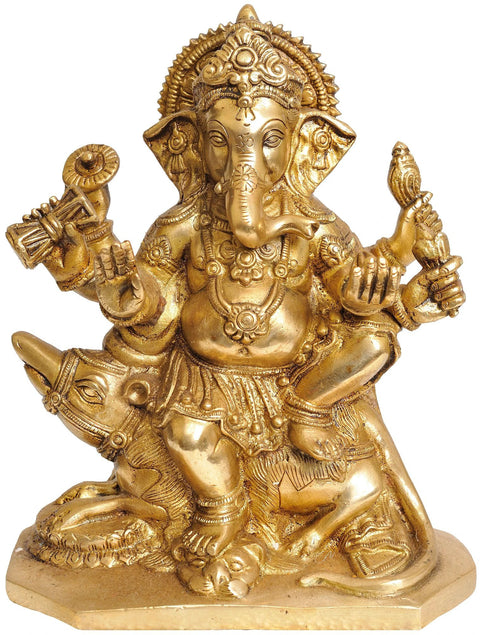 8" Six-Armed Ganesha Idol Seated on Rat with Leg on a Lion Head | Handmade Brass Statue | Made in India