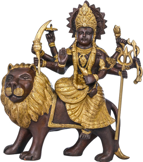 10" Durga Seated on Lion Brass Statue Handmade