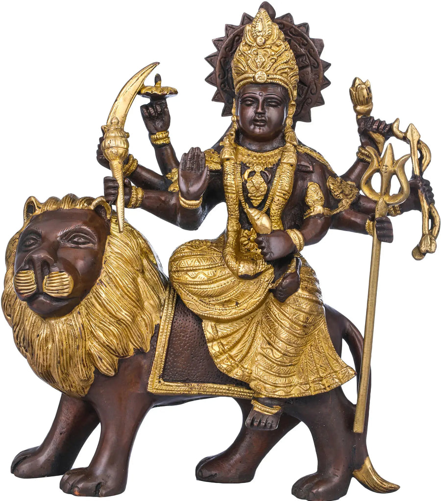 10" Durga Seated on Lion Brass Statue Handmade
