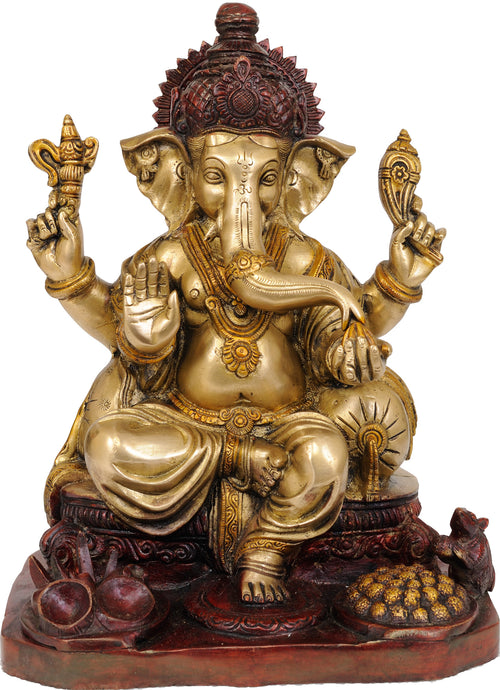 12" Four Armed Seated Ganesha Brass Idol Handmade