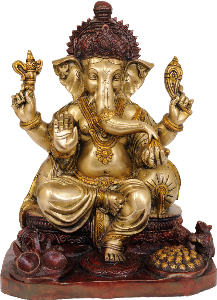12" Four Armed Seated Ganesha Brass Idol Handmade
