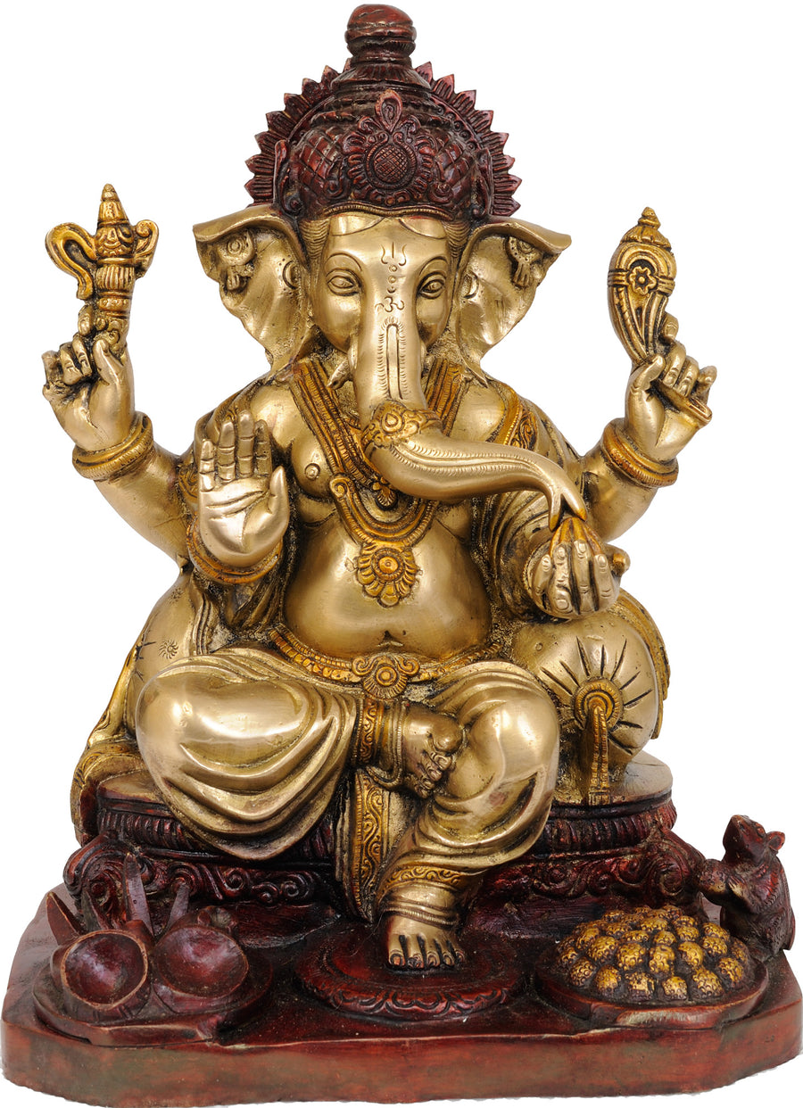 12" Four Armed Seated Ganesha Brass Idol Handmade