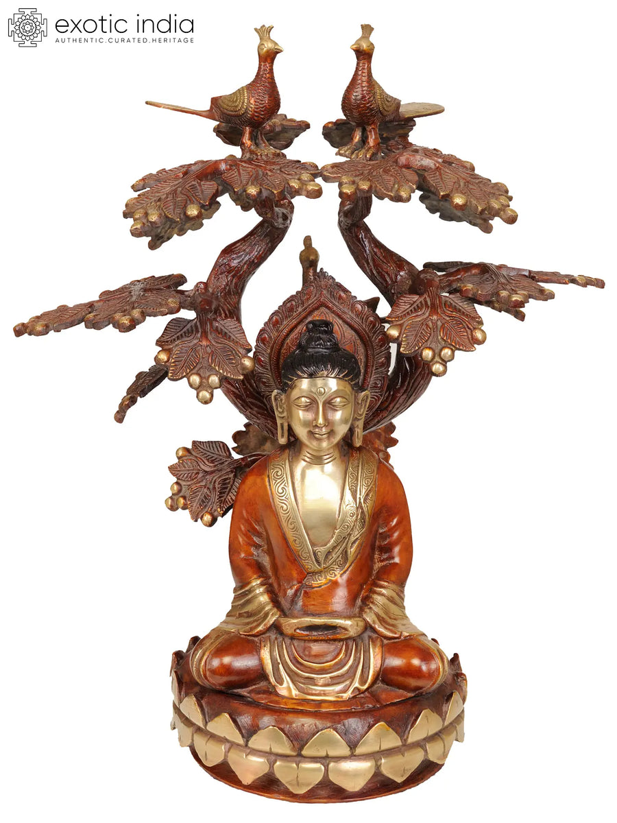 16" Lord Buddha Under Bodhi Tree Brass Statue Handmade