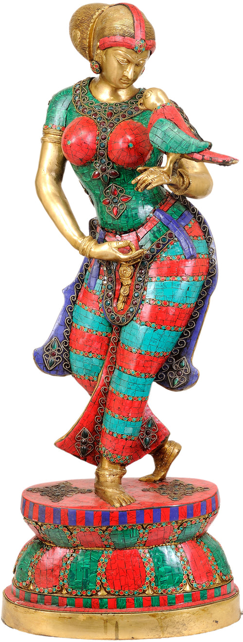 36" Brass Lady with Parrot Handmade Statue