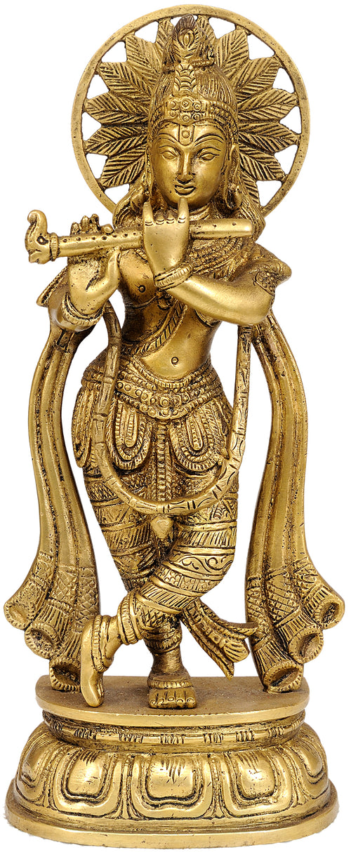 10" Handmade Fluting Krishna Brass Statue