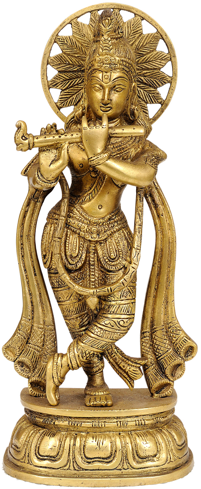 10" Handmade Fluting Krishna Brass Statue