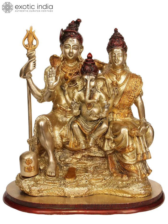 12" Brass Shiva Parvati Statue with Ganesha Idol