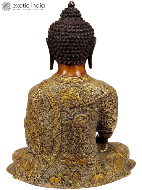 16" Shakyamuni Buddha, Ashtamangalas on His Lifelike Drape | Handmade Brass Statue