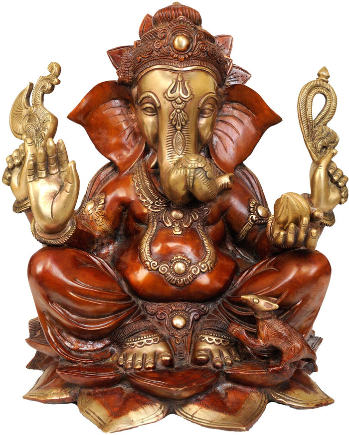 15" Lord Ganesha Seated on Lotus Brass Statue Handmade