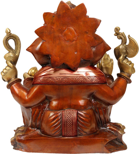 15" Lord Ganesha Seated on Lotus In Brass | Handmade | Made In India