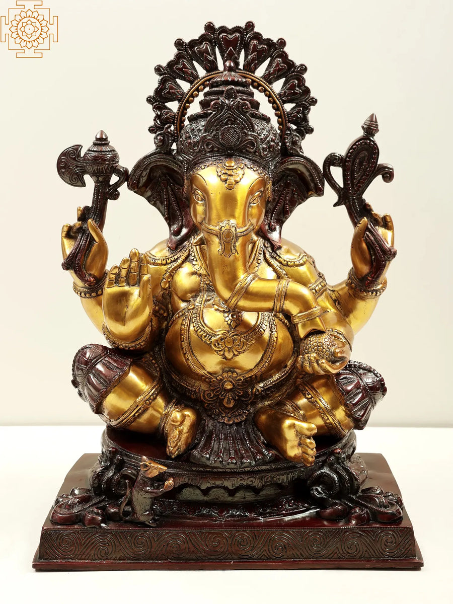 20" Four-Armed Ganesha Brass Statue Handmade Idol for Pooja