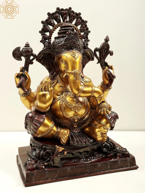 20" Four-Armed Ganesha Statue Enjoying Modak | Handmade Brass Idol | Made in India