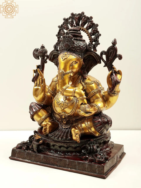 20" Four-Armed Ganesha Statue Enjoying Modak | Handmade Brass Idol | Made in India