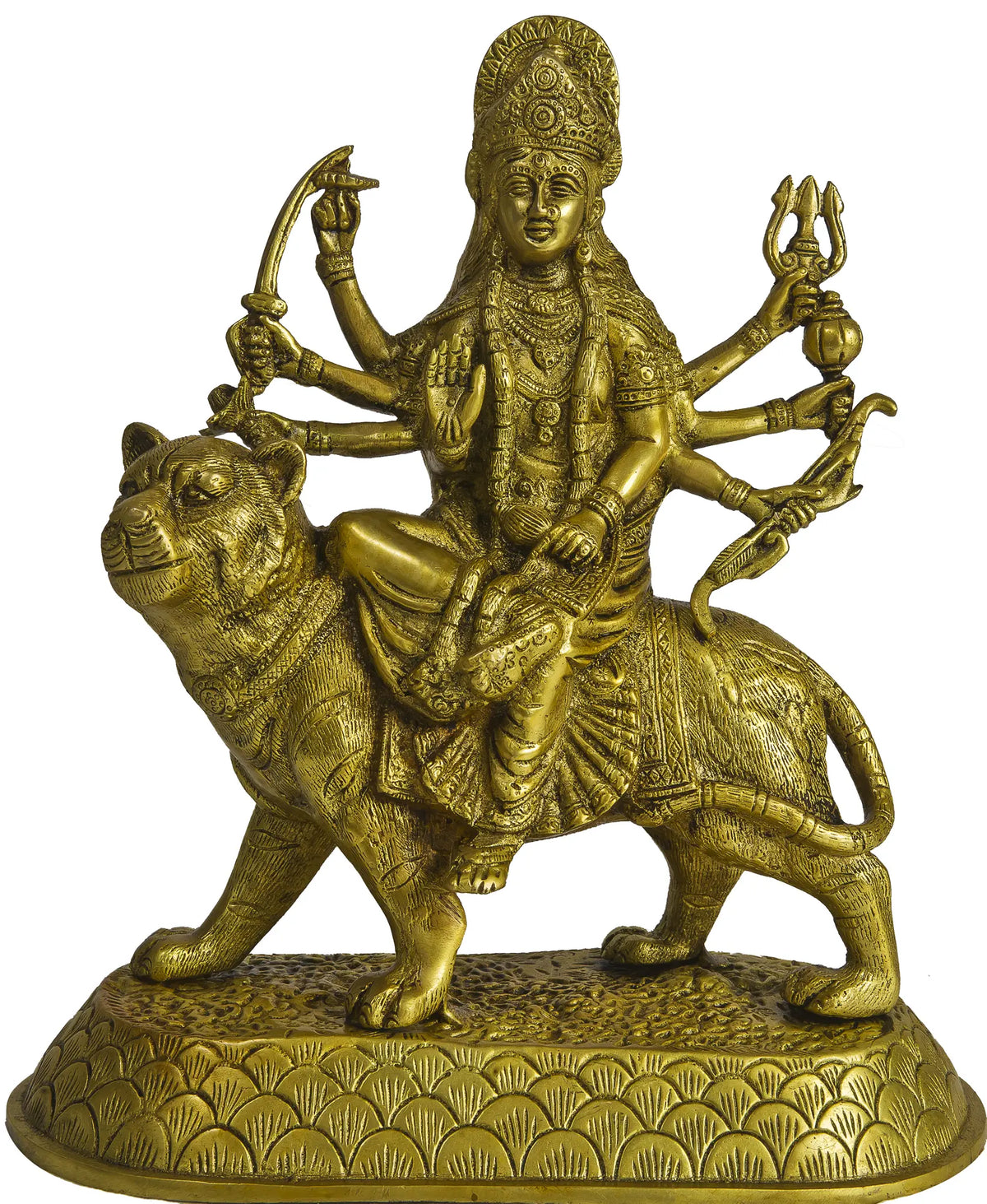 10" Mother Goddess Durga Seated on Lion In Brass | Handmade | Made In India