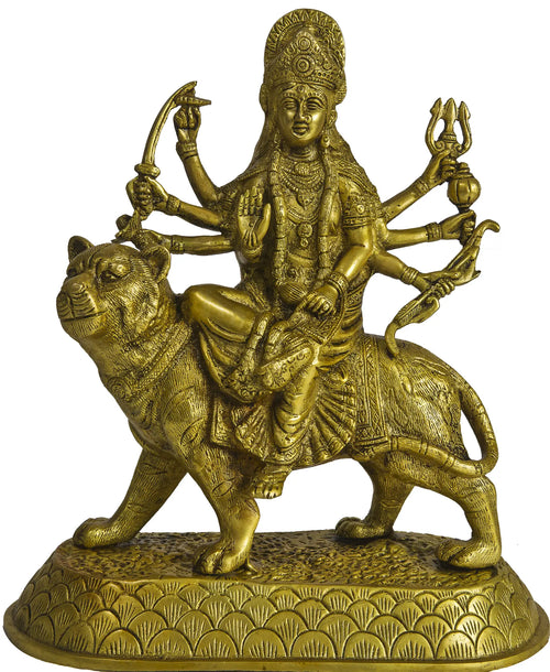 10" Durga Seated on Lion Brass Statue Handmade