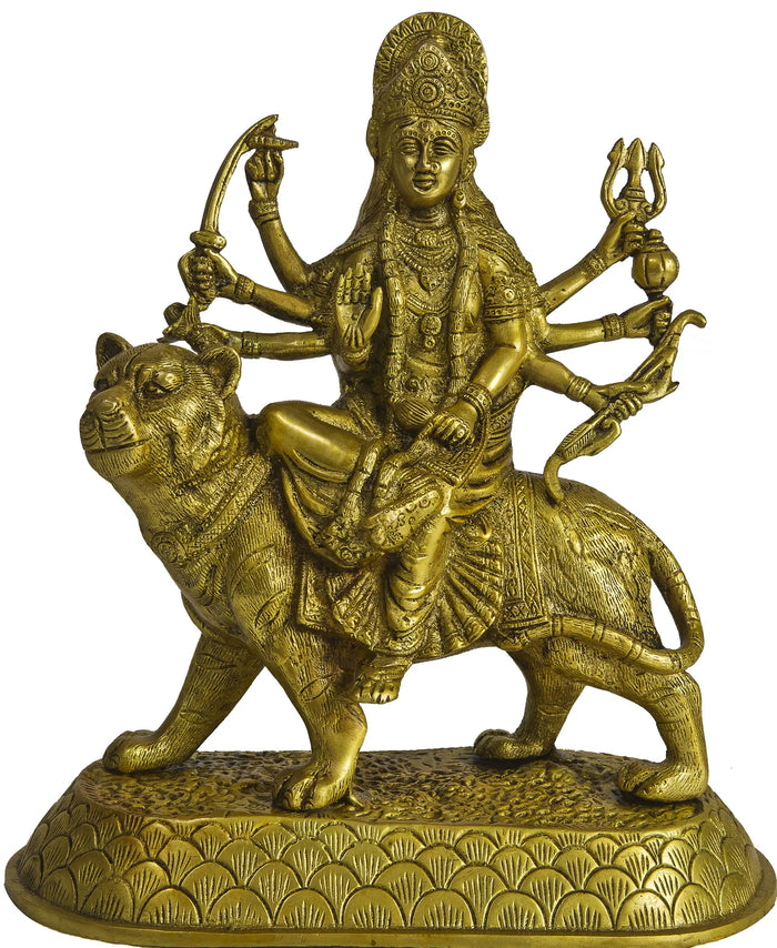 10" Mother Goddess Durga Seated on Lion In Brass | Handmade | Made In India