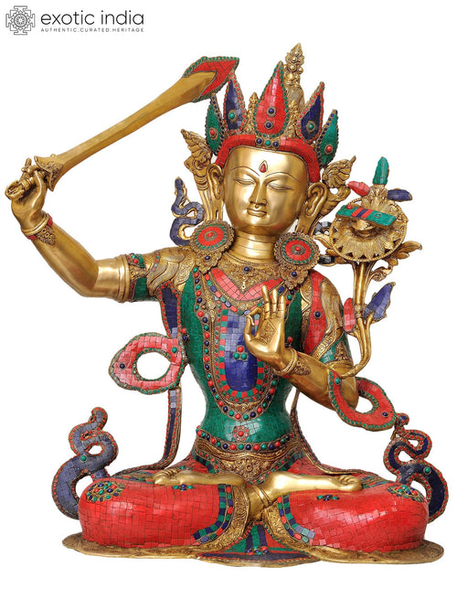 32" Manjushri Bodhisattva Brass Statue Handmade Wisdom Deity