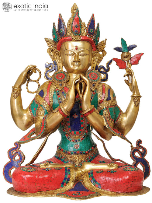 31" Handmade Chenrezig Brass Statue - Tibetan Buddhist Deity