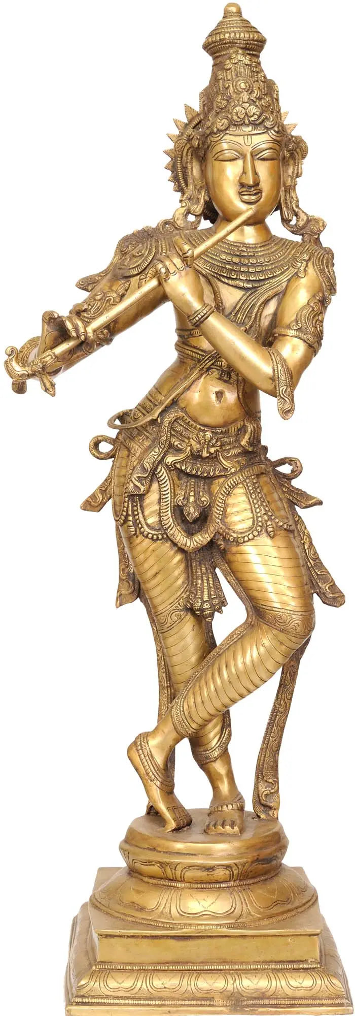 34" Large Brass Lord Krishna Playing Flute Handmade Statue
