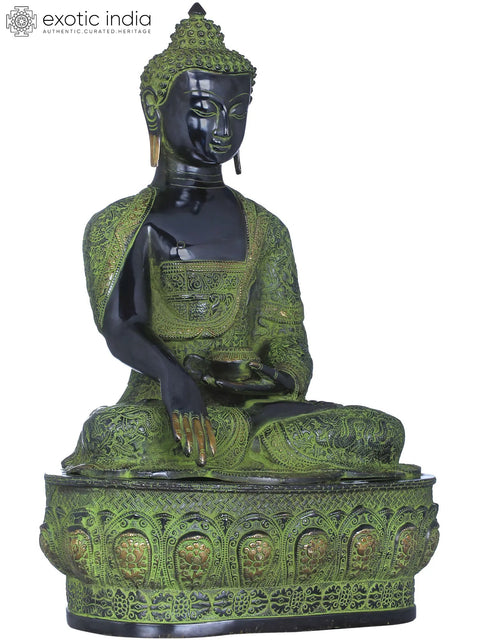 21" Lord Buddha in Bhumisparsha Mudra (Robes Decorated with Auspicious Symbols, Dharmachakra, Deers,  Birds and Dragons etc.) In Brass | Handmade | Made In India