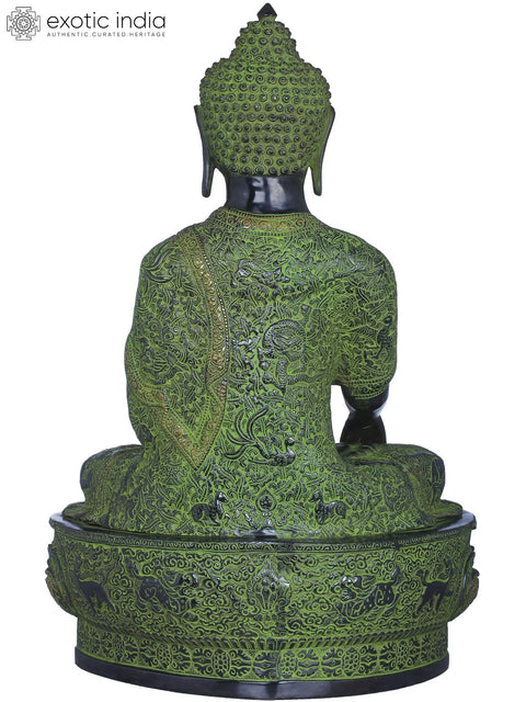 21" Lord Buddha in Bhumisparsha Mudra (Robes Decorated with Auspicious Symbols, Dharmachakra, Deers,  Birds and Dragons etc.) In Brass | Handmade | Made In India