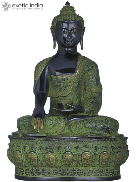 21" Lord Buddha in Bhumisparsha Mudra (Robes Decorated with Auspicious Symbols, Dharmachakra, Deers,  Birds and Dragons etc.) In Brass | Handmade | Made In India