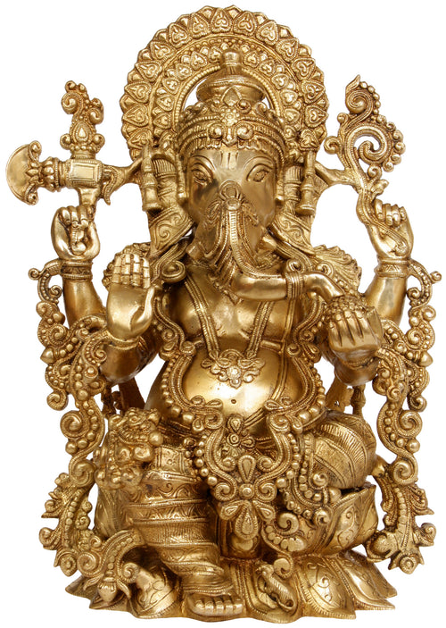 16" Handmade Lord Ganesha Brass Statue Granting Abhaya Mudra