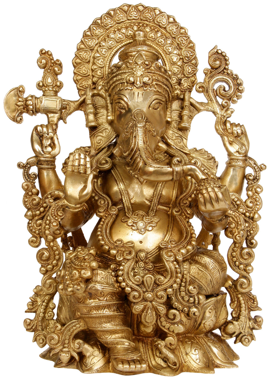 16" Handmade Lord Ganesha Brass Statue Granting Abhaya Mudra