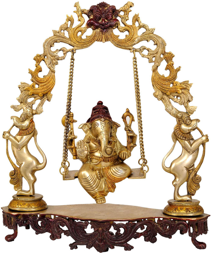 18" Lord Ganesha Swing Brass Statue with Kirtimukha - Handmade