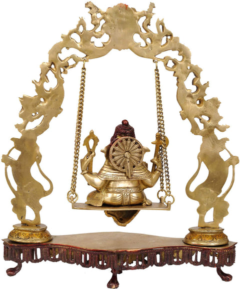 18" Lord Ganesha on a Swing with Kirtimukha Atop In Brass | Handmade | Made In India