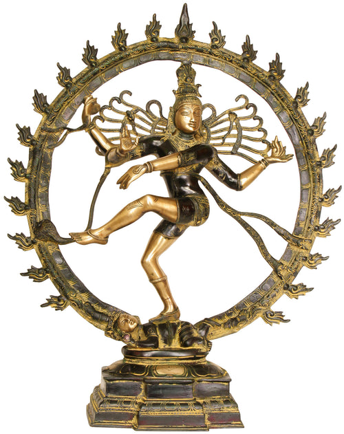 25" Nataraja Handmade Brass Statue with Green and Golden Hues