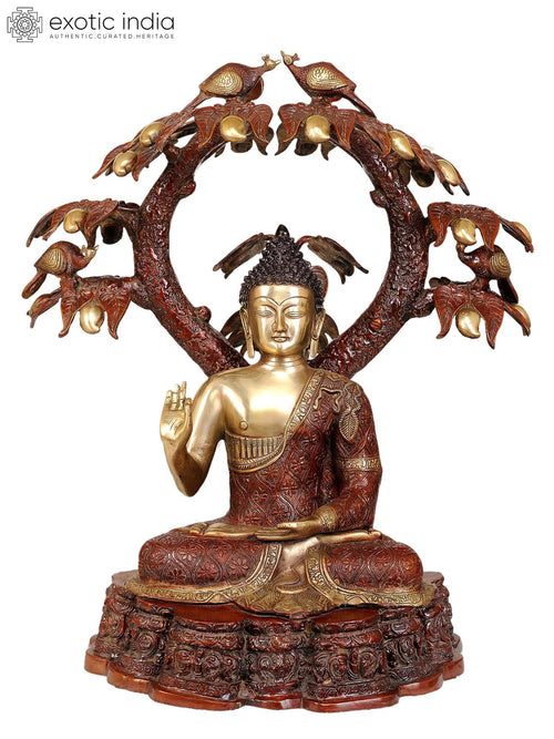 29" Large Brass Buddha Statue in Mango Grove Handmade
