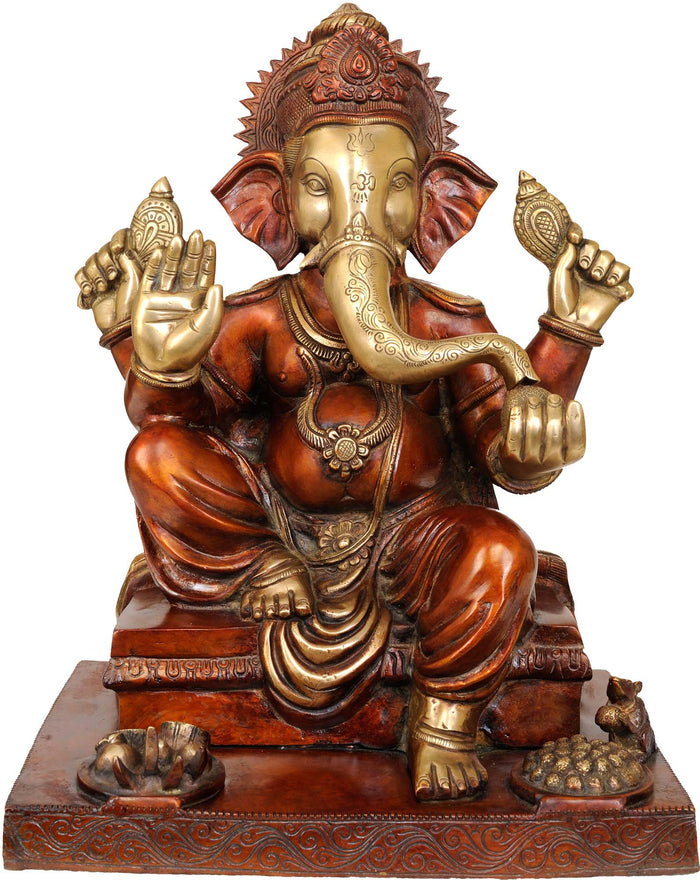 16" Handmade Lord Ganesha Granting Abhaya Brass Statue