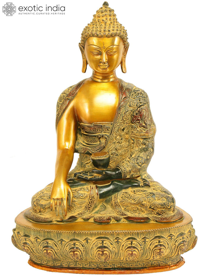 17" Handmade Brass Buddha Bhumisparsha Mudra Statue