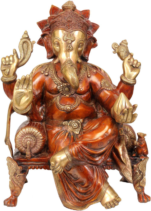 20" Enthroned Ganesha Brass Statue Handmade