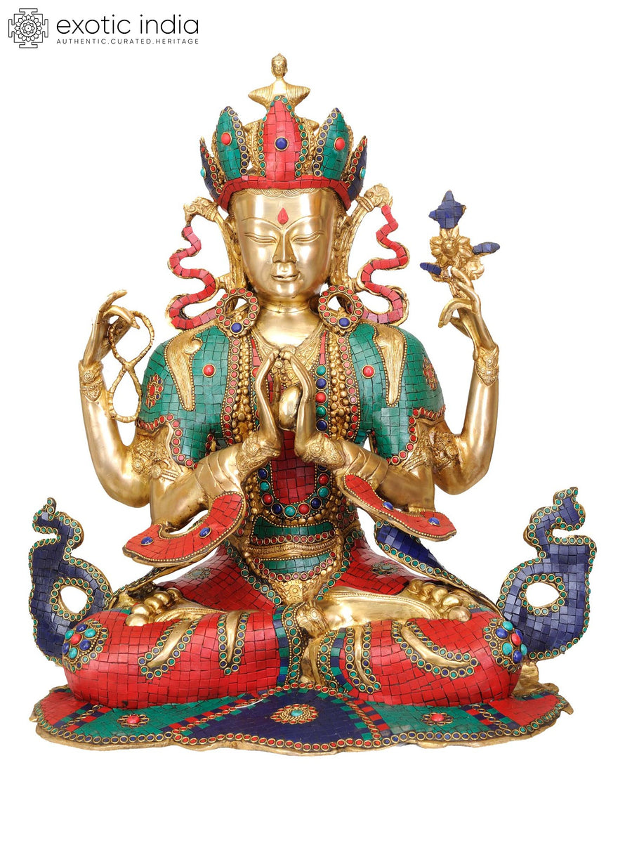 22" Handmade Chenrezig Shadakshari Lokeshvara Brass Inlay Statue