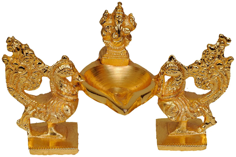 4" Handmade Brass Lord Ganesha Lamp with Peacock Pair